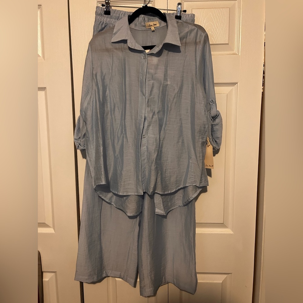 Love Notes Light Blue Straight Leg pants and button down top